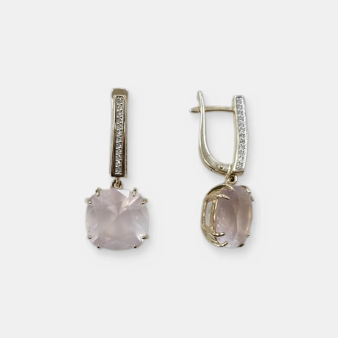 Серьги из желтого золота с розовым кварцем