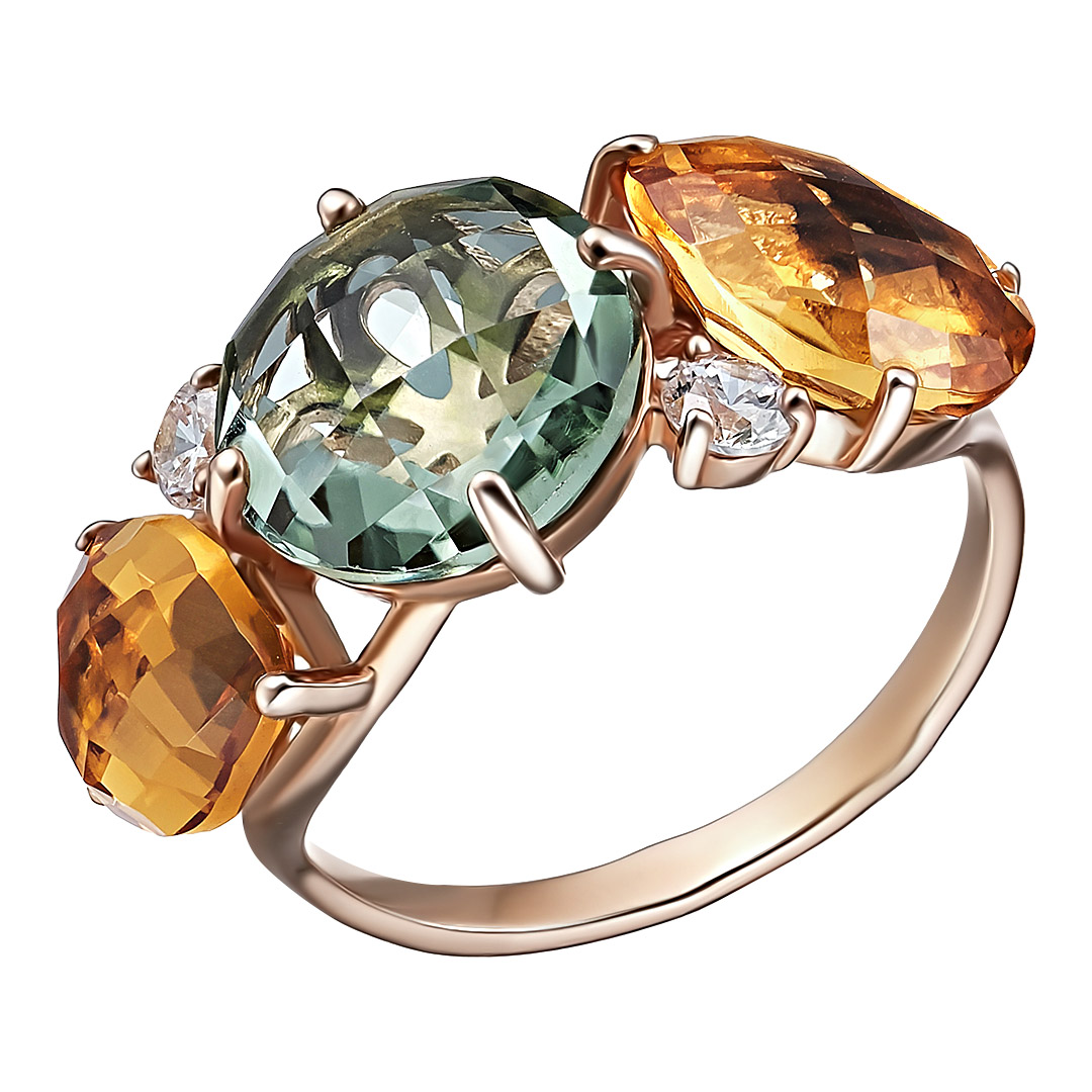 Серебряное кольцо 925 пробы; вставки 1 Празиолит ГТ кварц, 2 Цитрин ГТ, 2 Фианит бесцв.;
