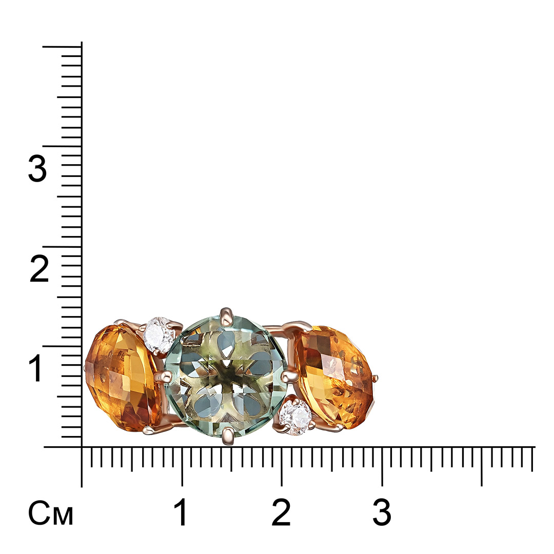 Серебряное кольцо 925 пробы; вставки 1 Празиолит ГТ кварц, 2 Цитрин ГТ, 2 Фианит бесцв.;