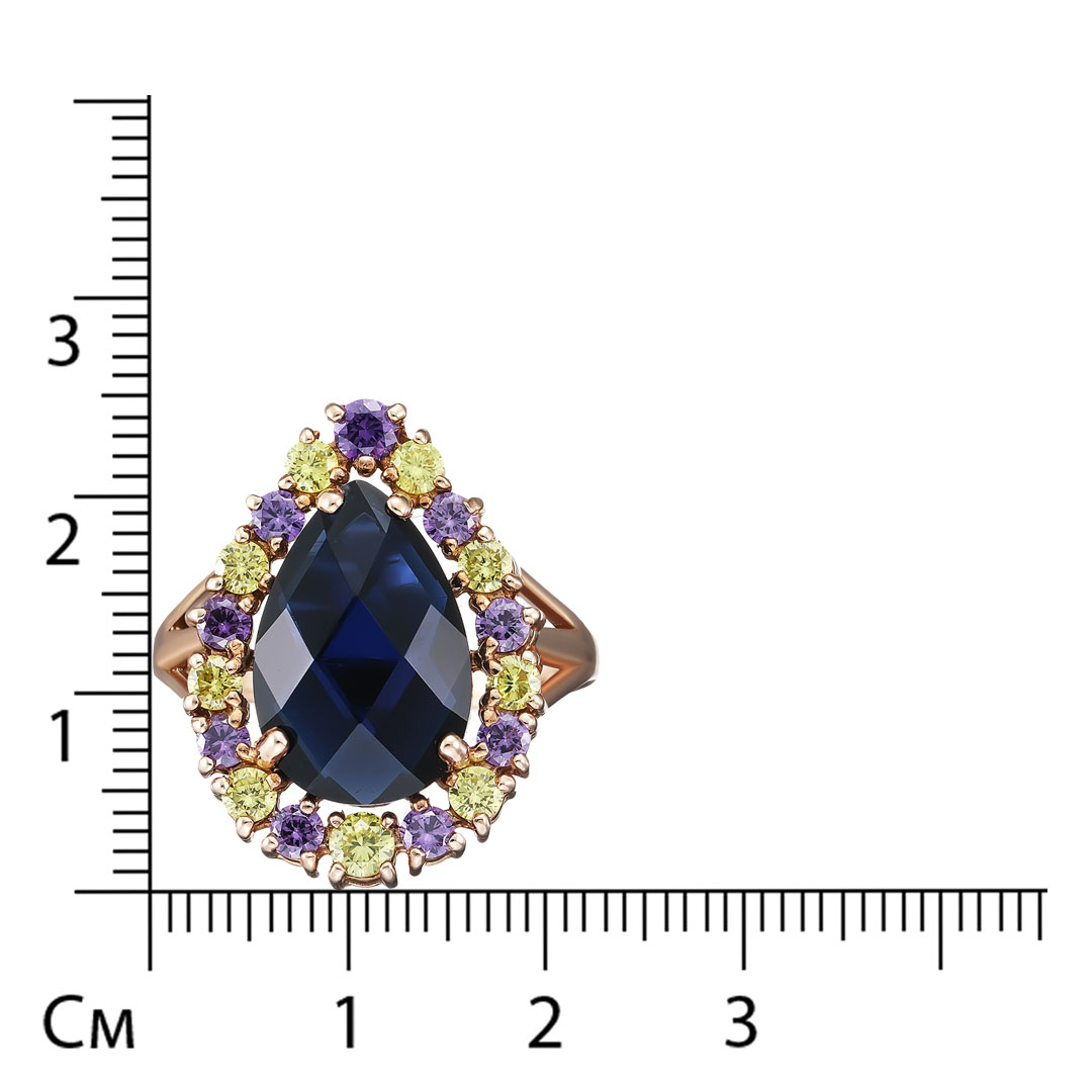Серебряное кольцо 925 пробы; вставки Кварц ГТ цвета Сапфир, фианит зел., фианит фиол.;