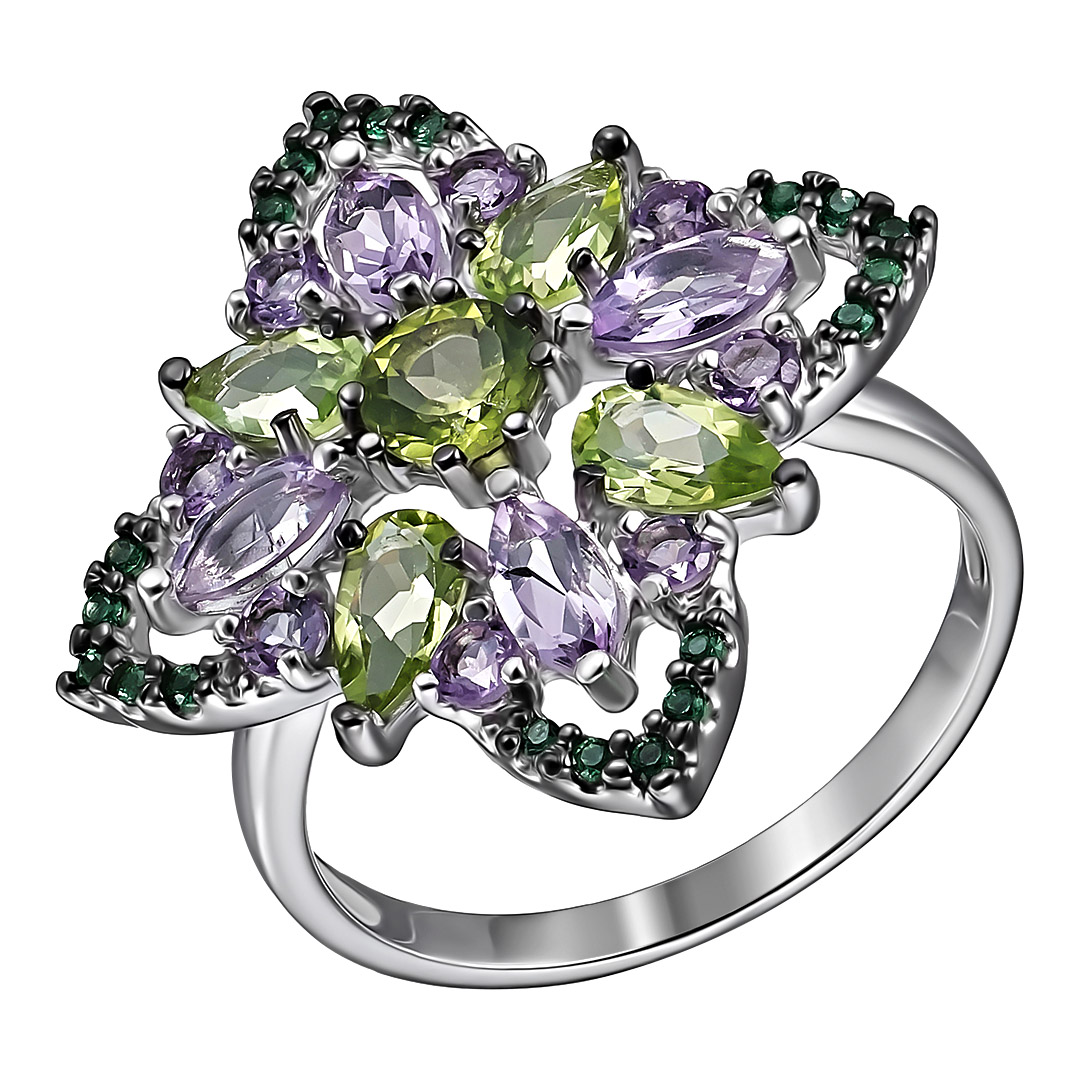Серебряное кольцо 925 пробы; вставки 5 Хризолит, 12 аметист, 20 фианит зелен.;