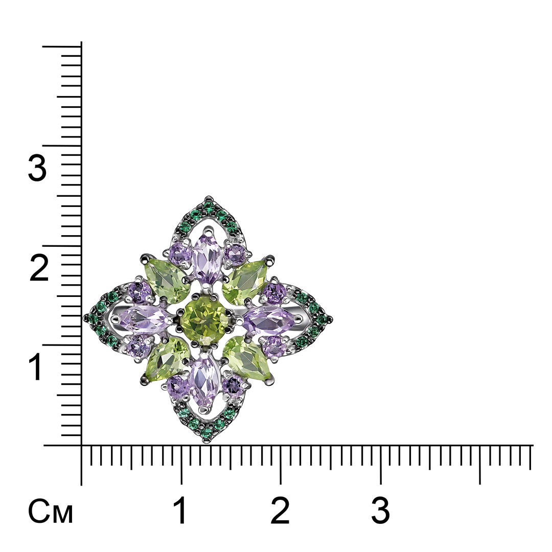 Серебряное кольцо 925 пробы; вставки 5 Хризолит, 12 аметист, 20 фианит зелен.;
