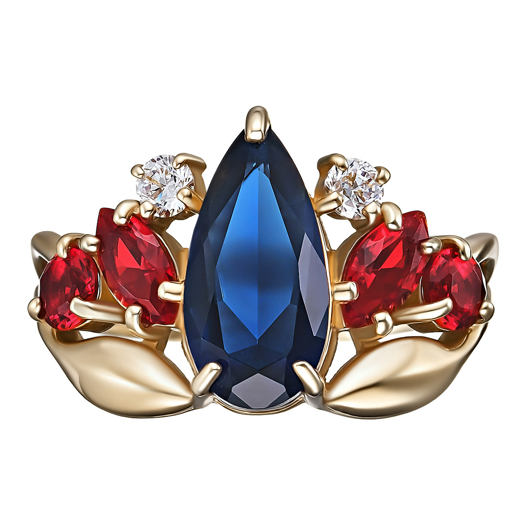 Серебряное кольцо 925 пробы; вставки 1 Кварц цветом сапфир, 4 Кварц цветом рубин, 2 Фианит бесцв.;