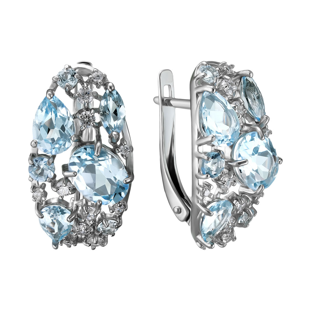 Серебряные серьги 925 пробы; вставки 14 Топаз sky; 22 Фианит бесцв.;