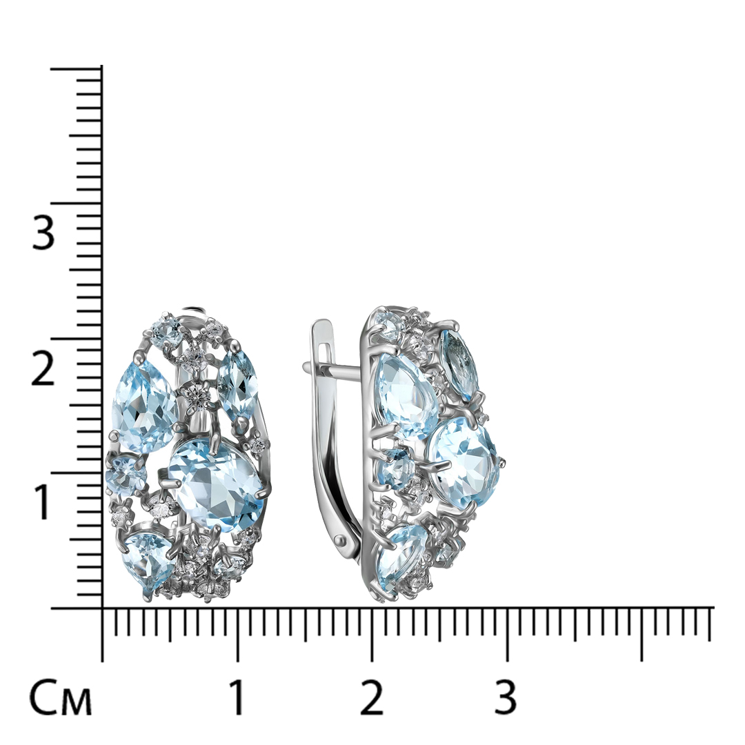 Серебряные серьги 925 пробы; вставки 14 Топаз sky; 22 Фианит бесцв.;