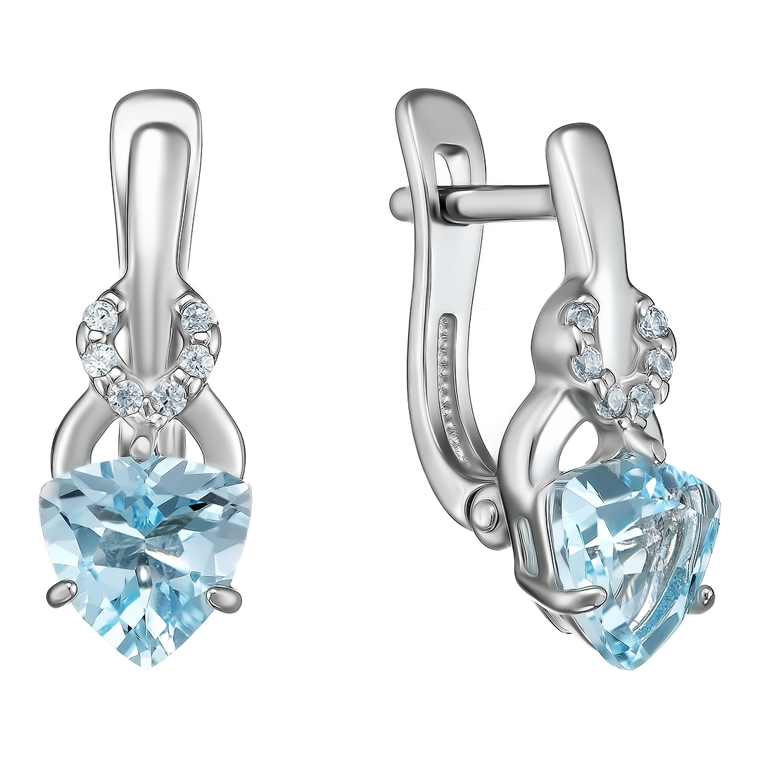 Серебряные серьги 925 пробы; вставки 2 Топаз sky; 12 Фианит бесцв.;
