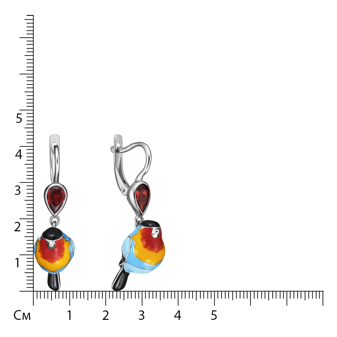 Серебряные серьги 925 пробы; Птички; вставки 2 Фианит красный; Эмаль разноцв.;