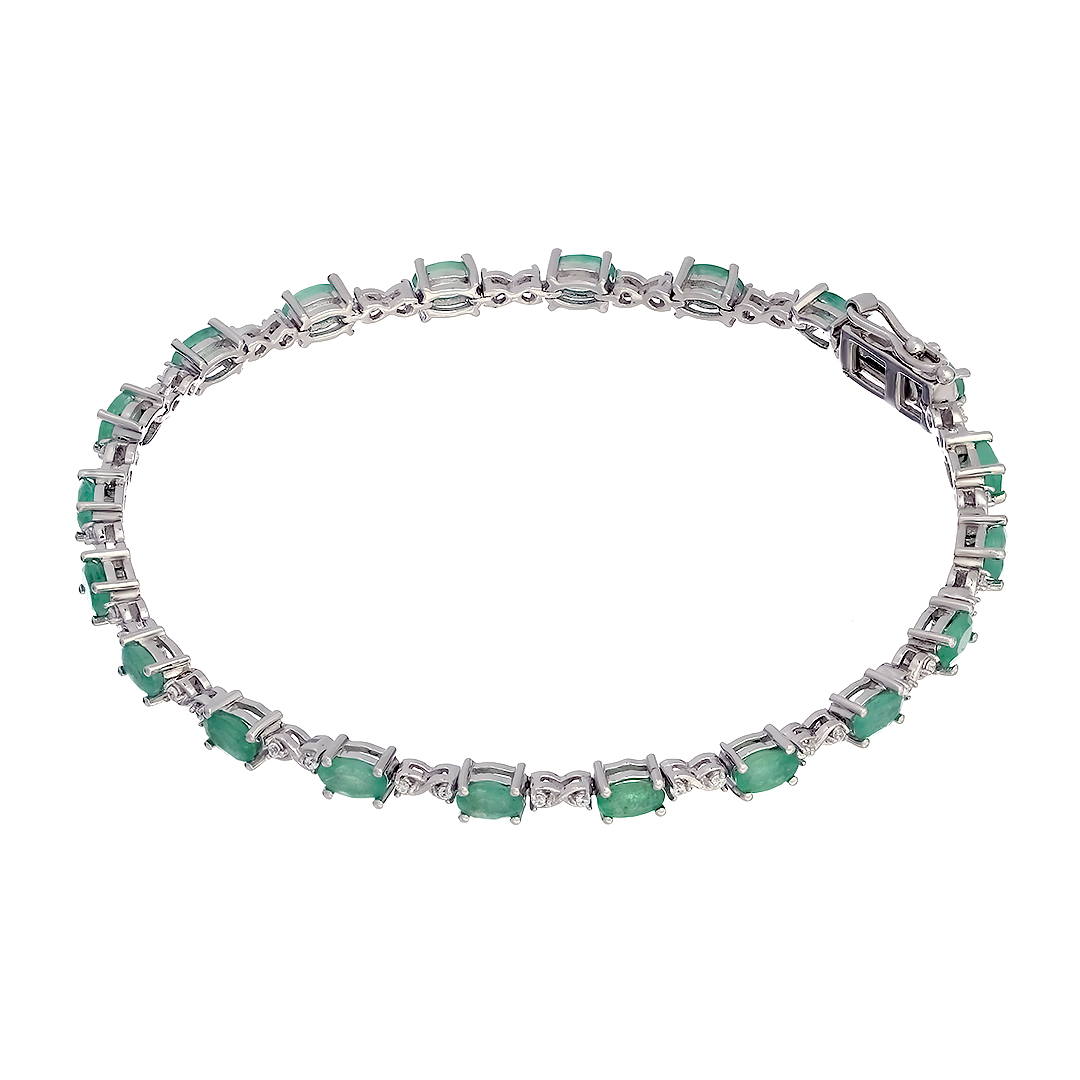 Серебряный браслет 925 пробы; вставки 21 Изумруд (O) 4/Г3 4,2ct; 42 Куб.Цирконий бесцв. 0,21ct;