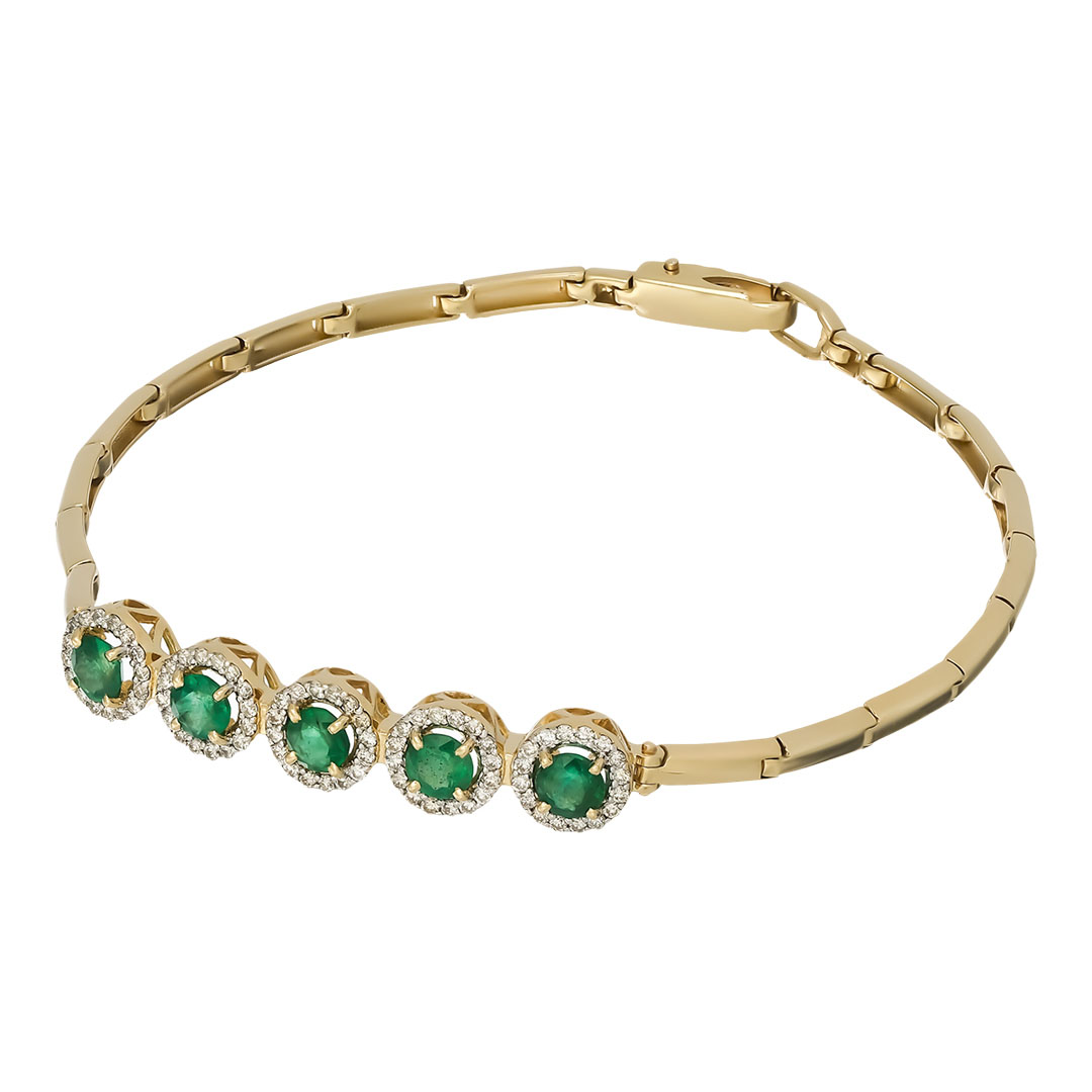 Золотой браслет 585 пробы; желтое золото; родий; вставки 5 Изумруд нат. 1,006 3/3; 80 Бр.Кр-57 0,300