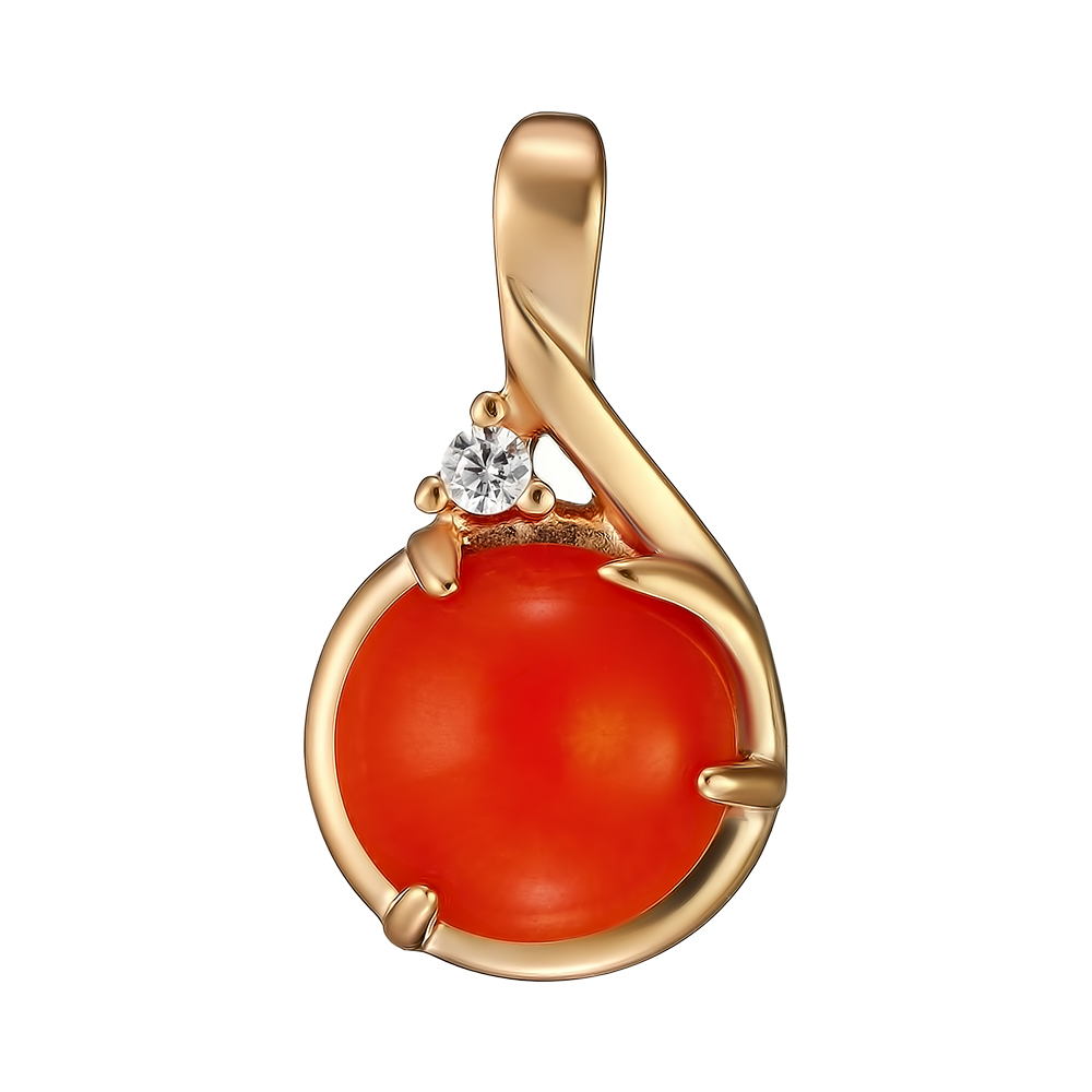 Серебряная подвеска 925 пробы; вставки 1 Коралл нат.; 1 Фианит бесцв.;