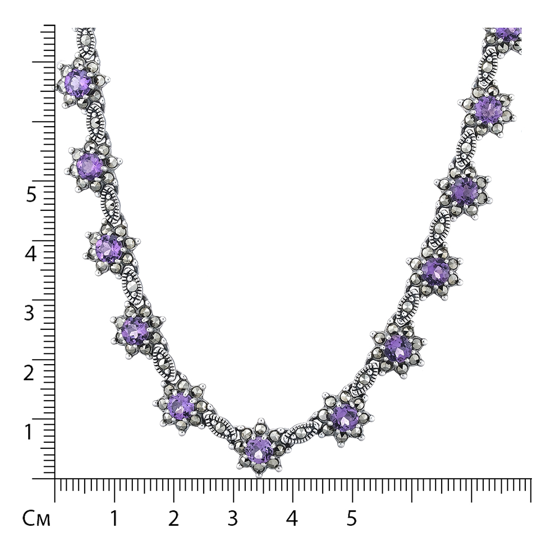 Серебряное колье 925 пробы; оксидирование; вставки 29 Аметист; 263 Марказит;
