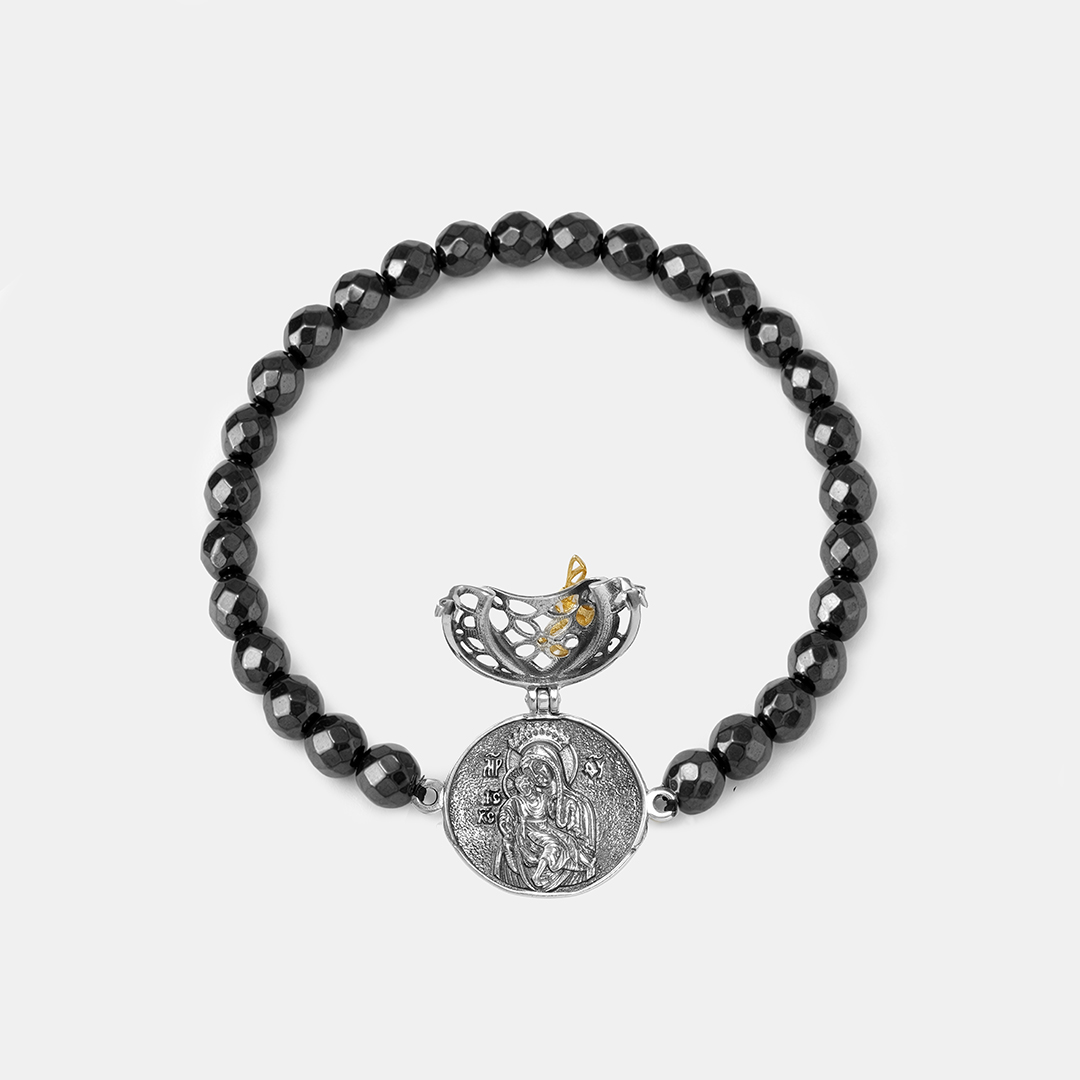 Серебряный браслет с гематитами "Киккская икона Божией Матери"