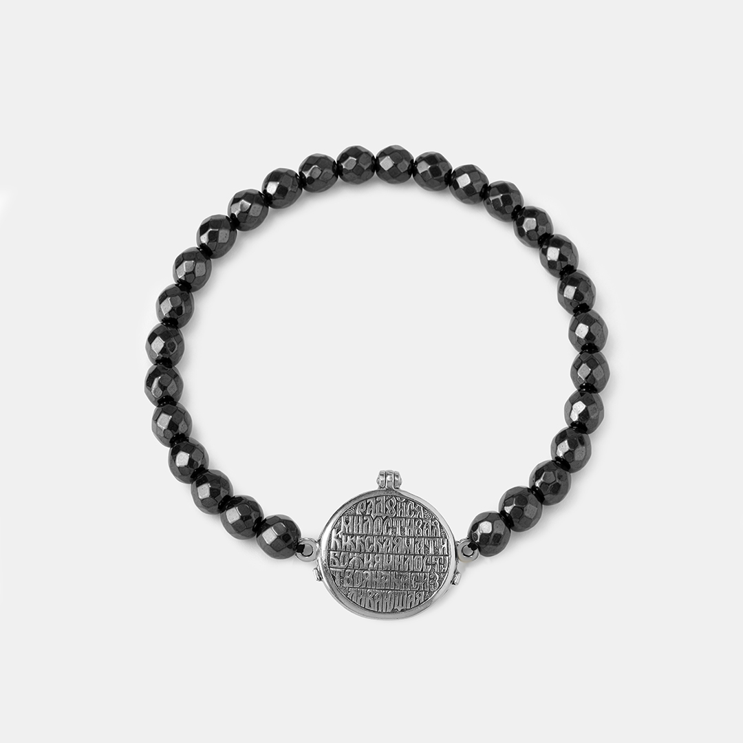 Серебряный браслет с гематитами "Киккская икона Божией Матери"