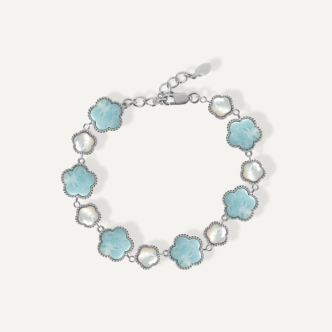 Серебряный браслет с ларимарами и перламутром "Цветы"