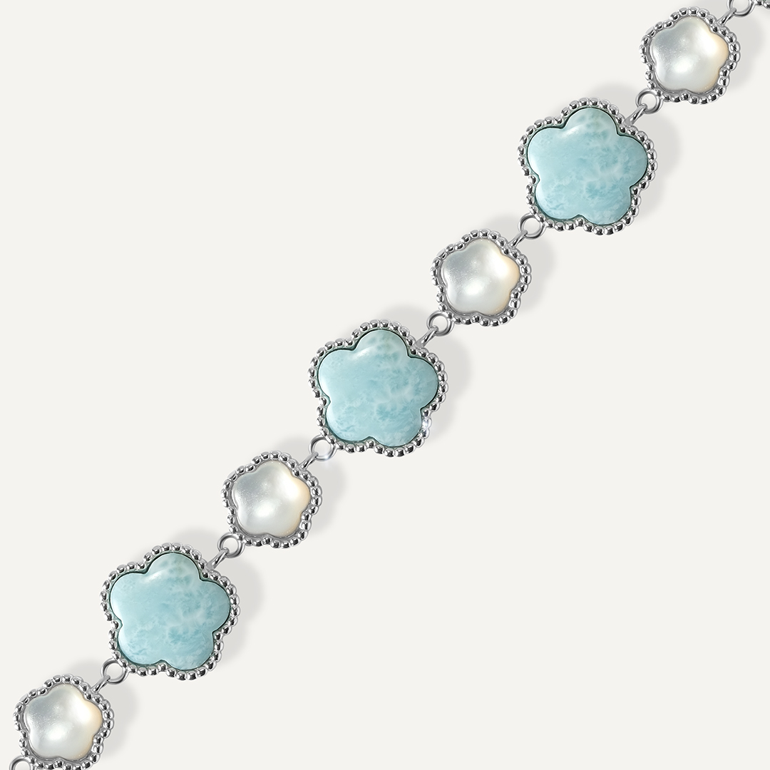 Серебряный браслет с ларимарами и перламутром "Цветы"