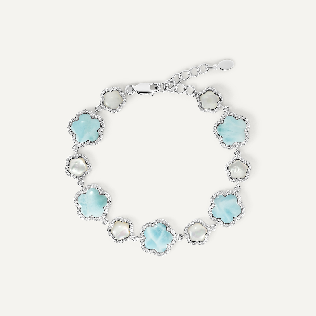 Серебряный браслет с ларимарами и перламутром "Цветы"