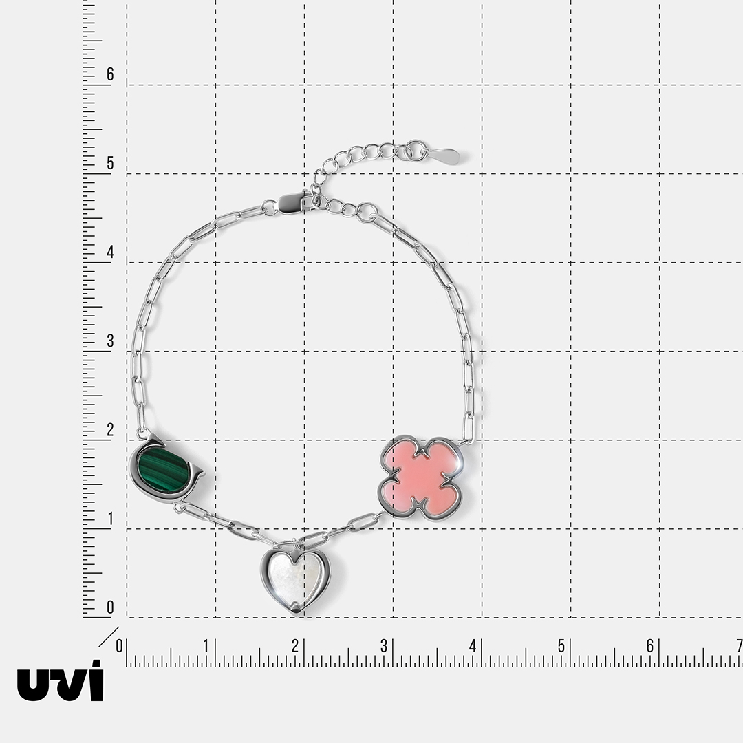 Серебряный браслет с кораллом, малахитом и перламутром