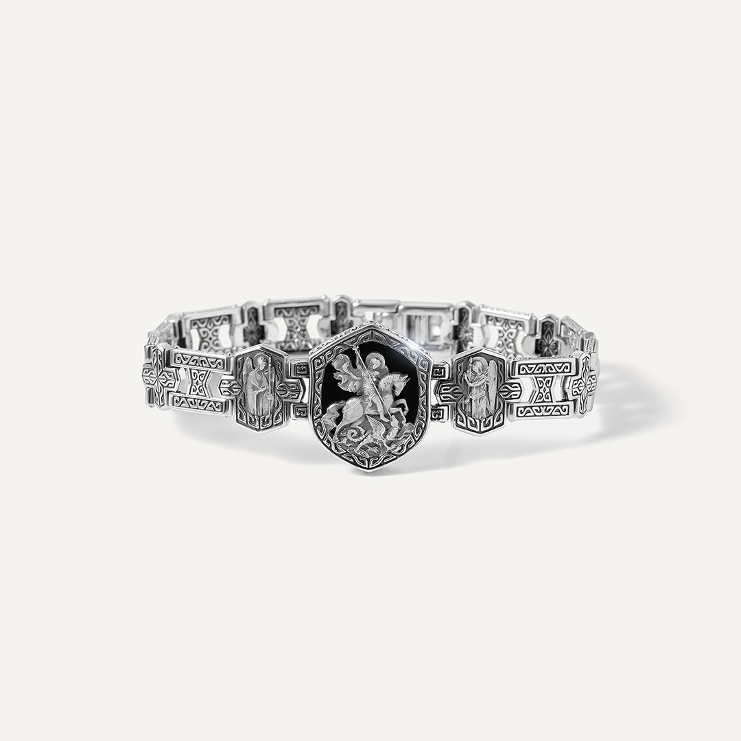 Серебряный браслет с фианитом "Святой Георгий Победоносец моли Бога о нас"