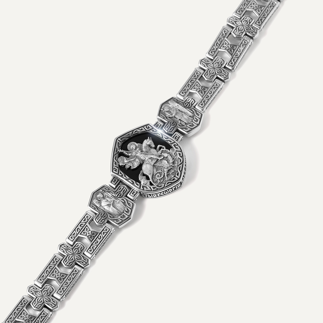 Серебряный браслет с фианитом "Святой Георгий Победоносец моли Бога о нас"