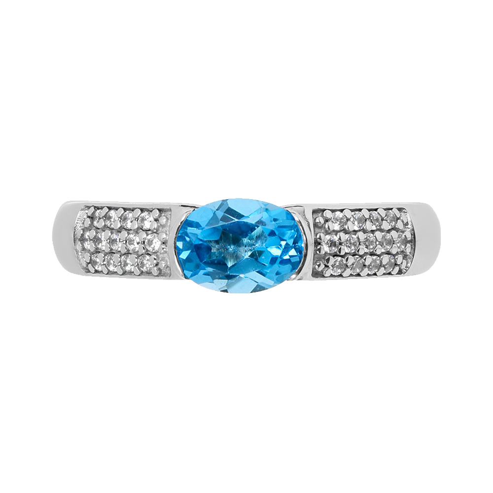 Серебряное кольцо 925 пробы; вставки 1 Топаз Свисс Блю; 26 Фианит бесцв.;
