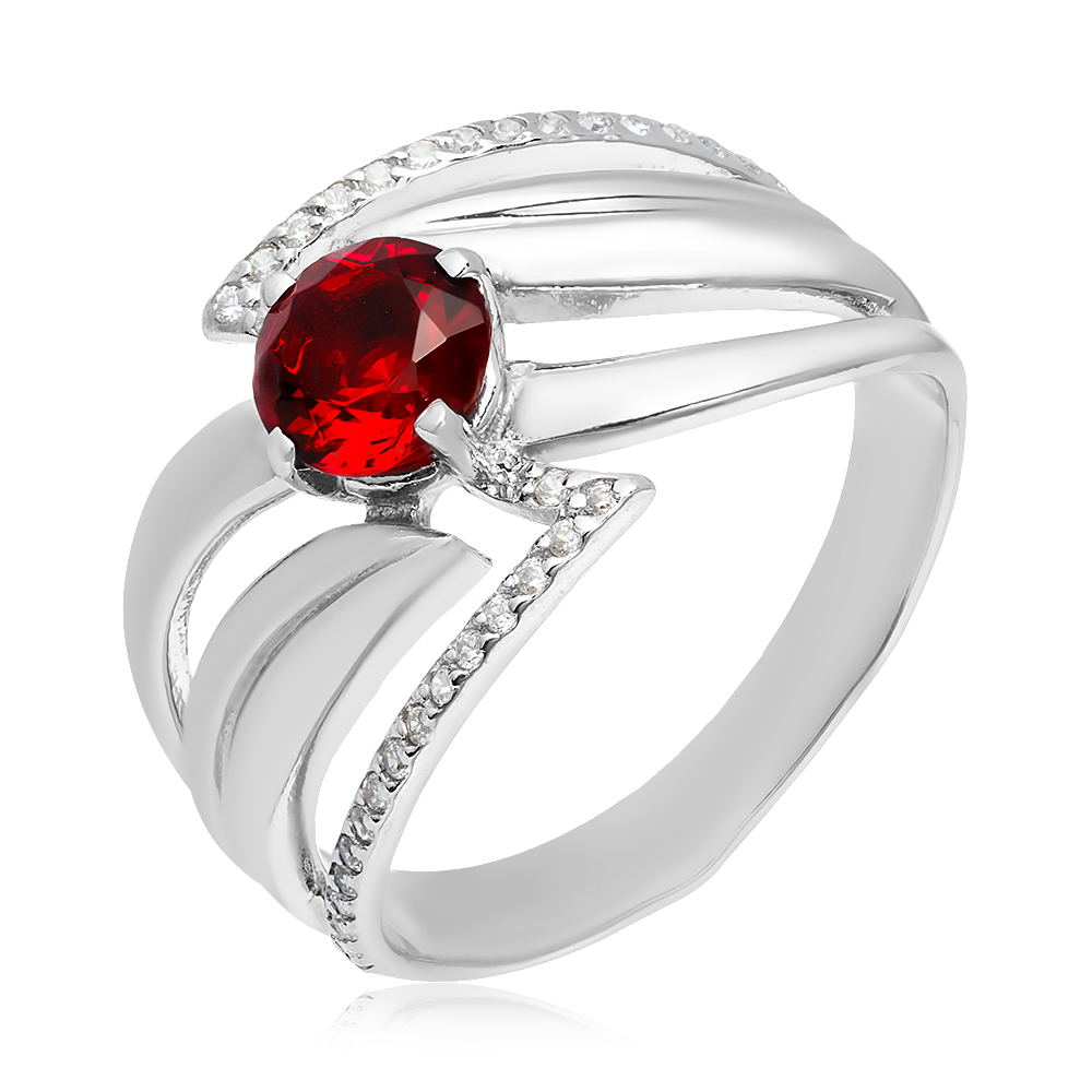 Серебряное кольцо 925 пробы; вставки 1 Пл. Кварц цв. гранат; 34 Фианит бесцв.;