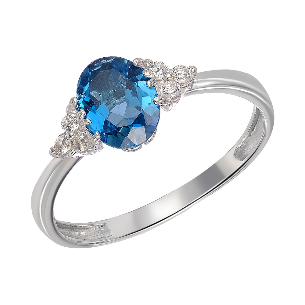 Серебряное кольцо 925 пробы; вставки 1 Топаз Лондон Блю, 6 Фианит бесцв.;