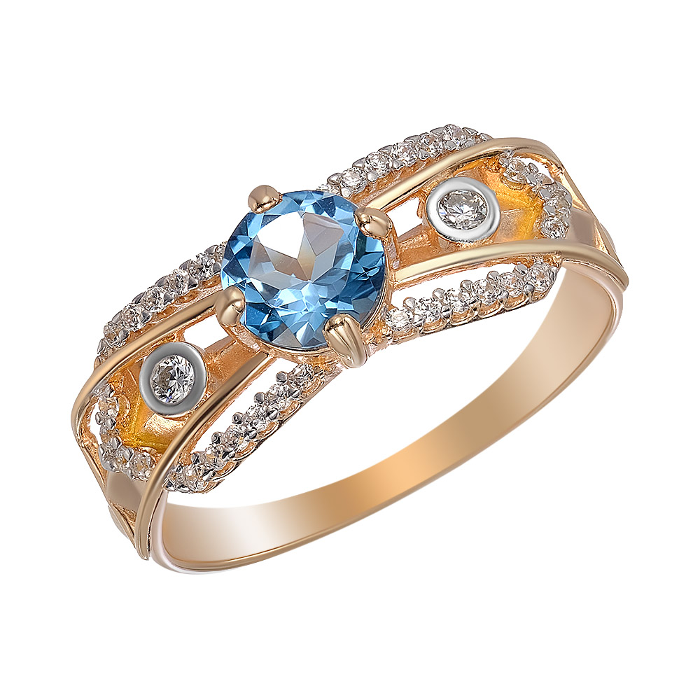 Серебряное кольцо 925 пробы; вставки 1 Топаз Свисс Блю, 34 Фианит бесцв.;