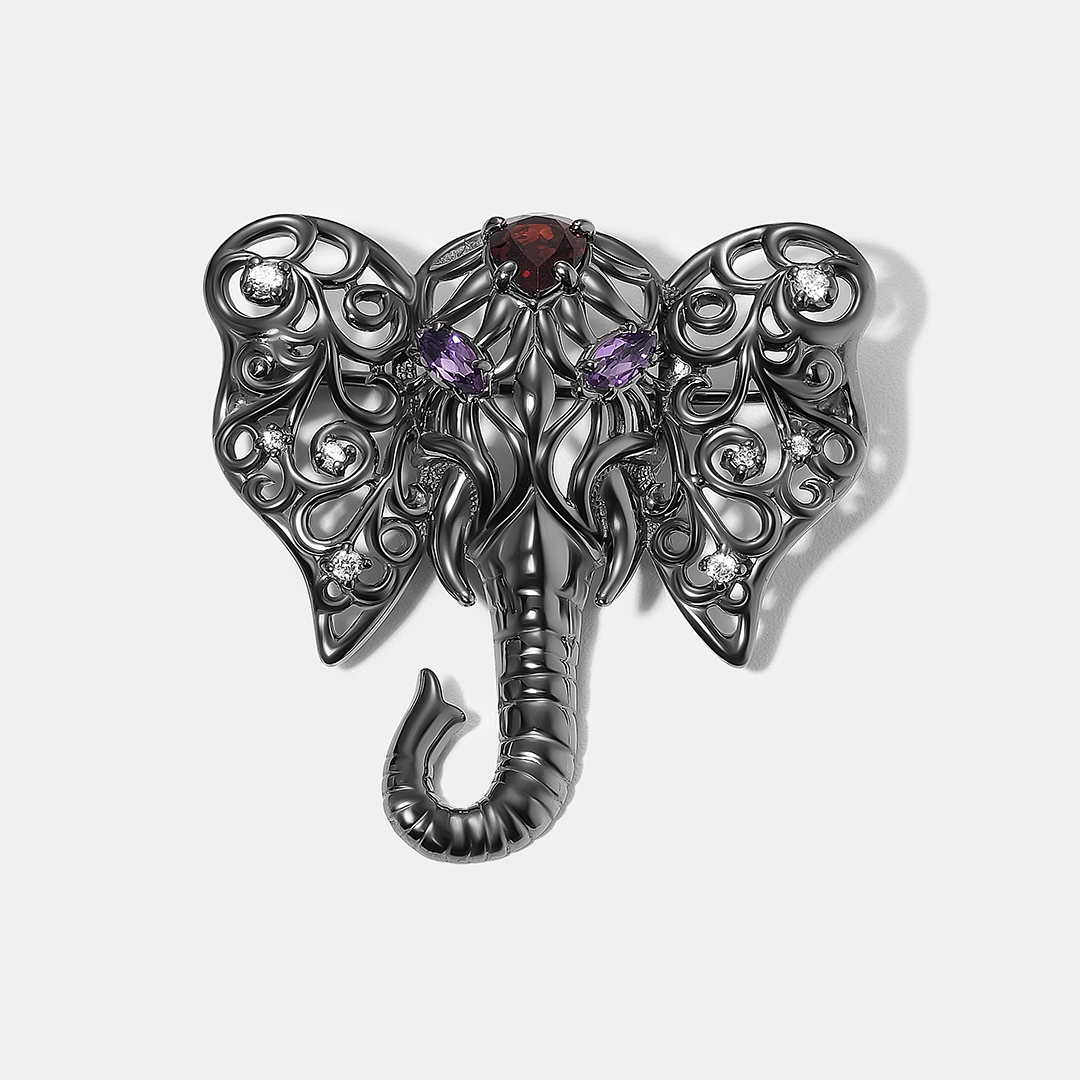 Серебряная брошь с фианитами "Слон"