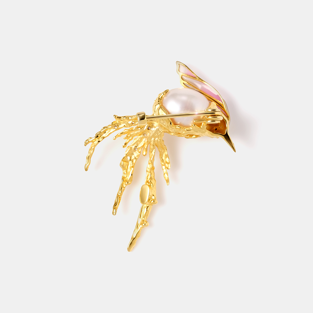 Серебряная брошь с жемчугом "Птица"