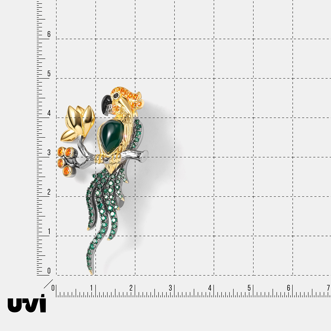 Серебряная брошь с агатом "Попугай"