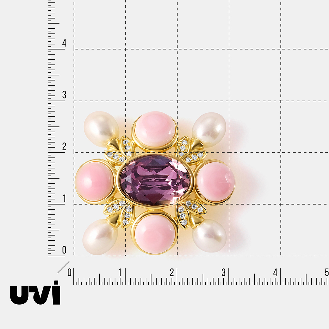 Серебряная брошь с кристаллом Сваровски, кораллами и жемчугом