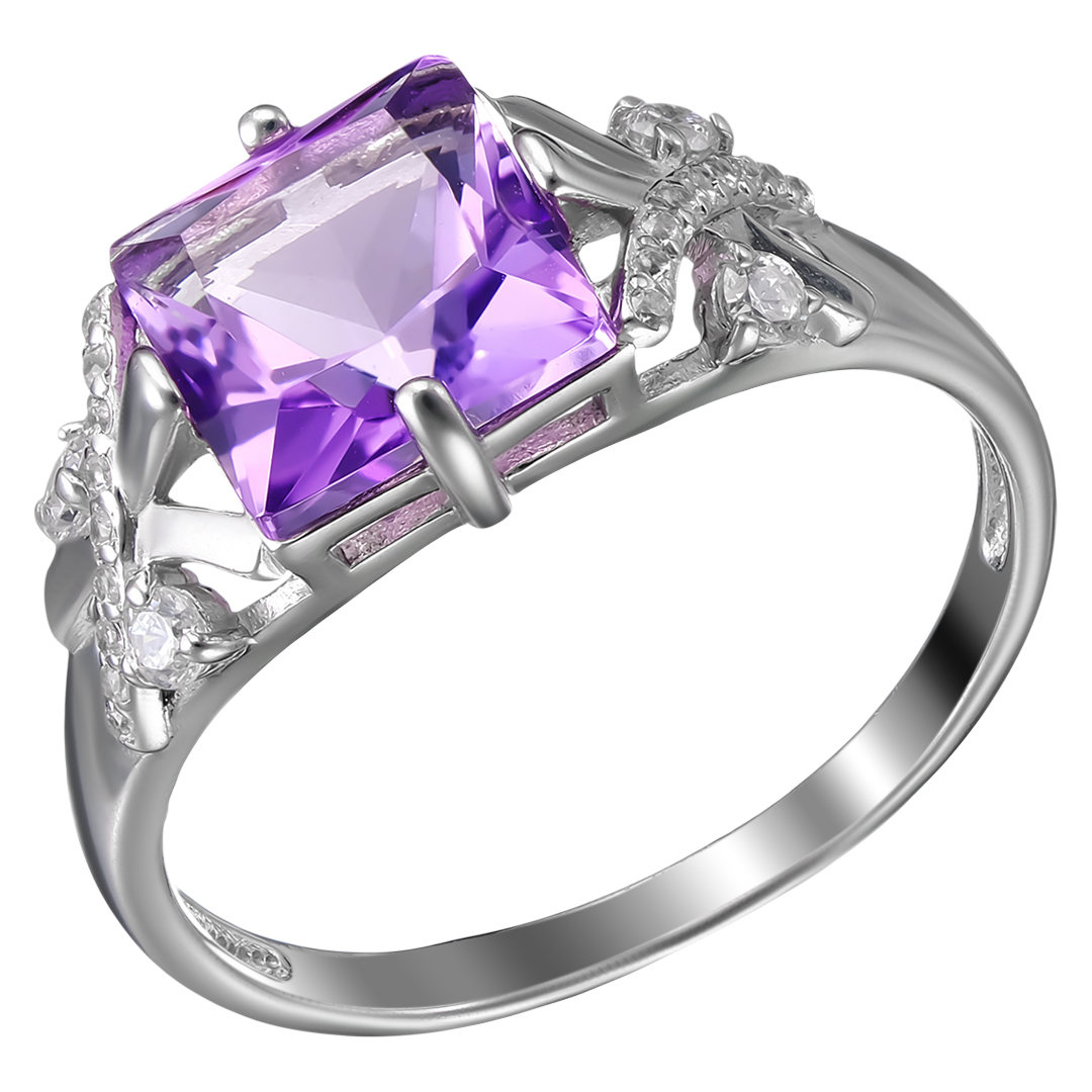 Серебряное кольцо 925 пробы; вставки 1 Аметист; 22 Фианит бесцв.;