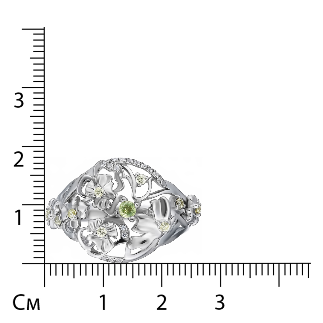 Серебряное кольцо 925 пробы; вставки 1 Хризолит нат.; 9 Пл. Кварц цв.хризолит; 16 Фианит бесцв.;