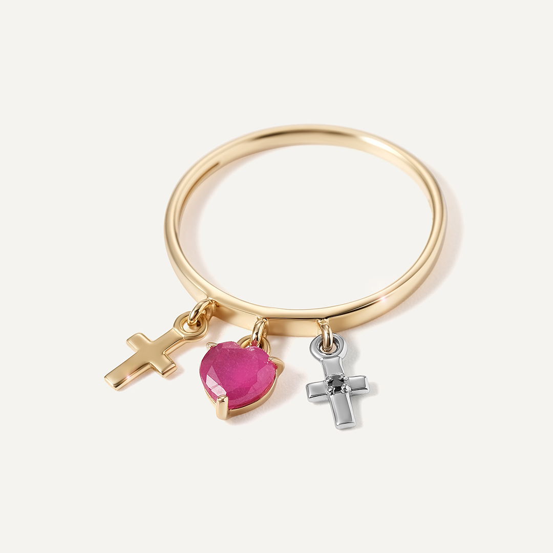 Кольцо из желтого золота с рубином и бриллиантом "Сердце и крестики"