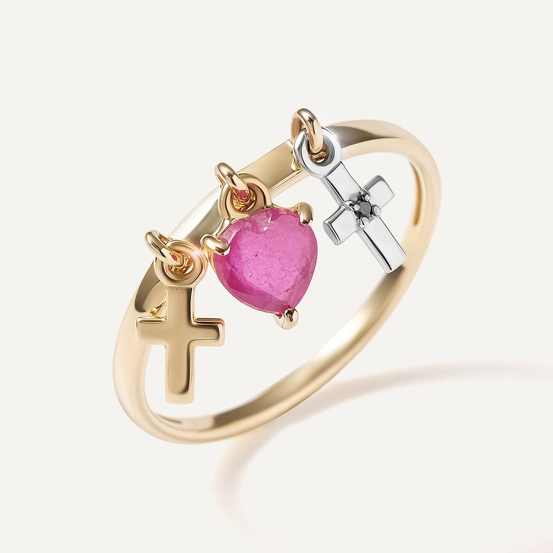 Кольцо из желтого золота с рубином и бриллиантом "Сердце и крестики"