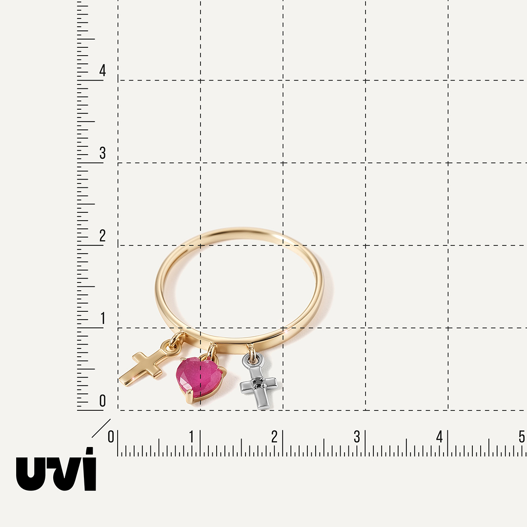 Кольцо из желтого золота с рубином и бриллиантом "Сердце и крестики"