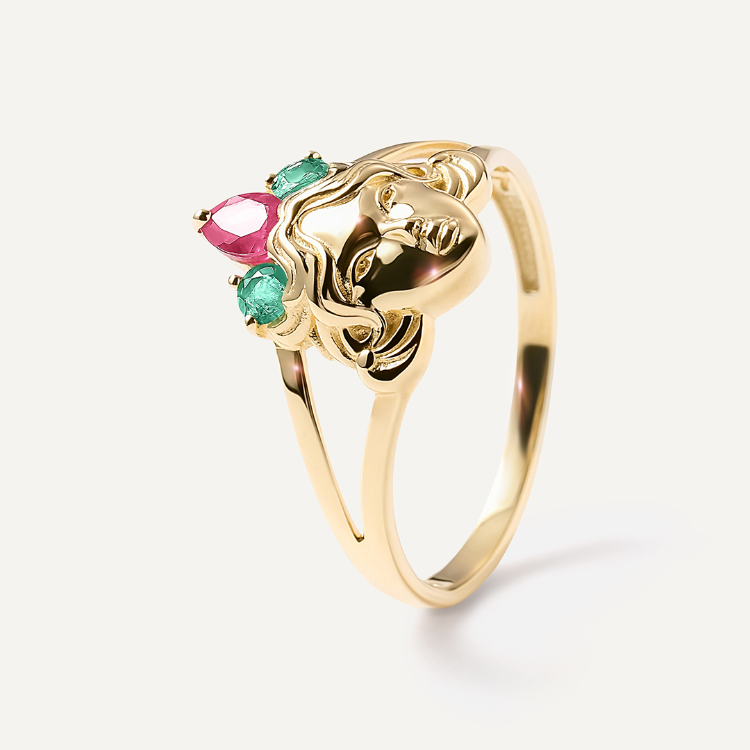 Кольцо из желтого золота с изумрудами и рубином