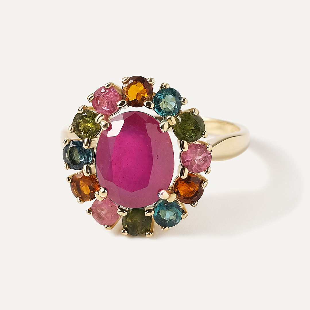 Кольцо из желтого золота с рубином и турмалинами