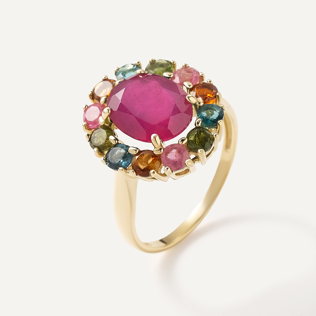 Кольцо из желтого золота с рубином и турмалинами