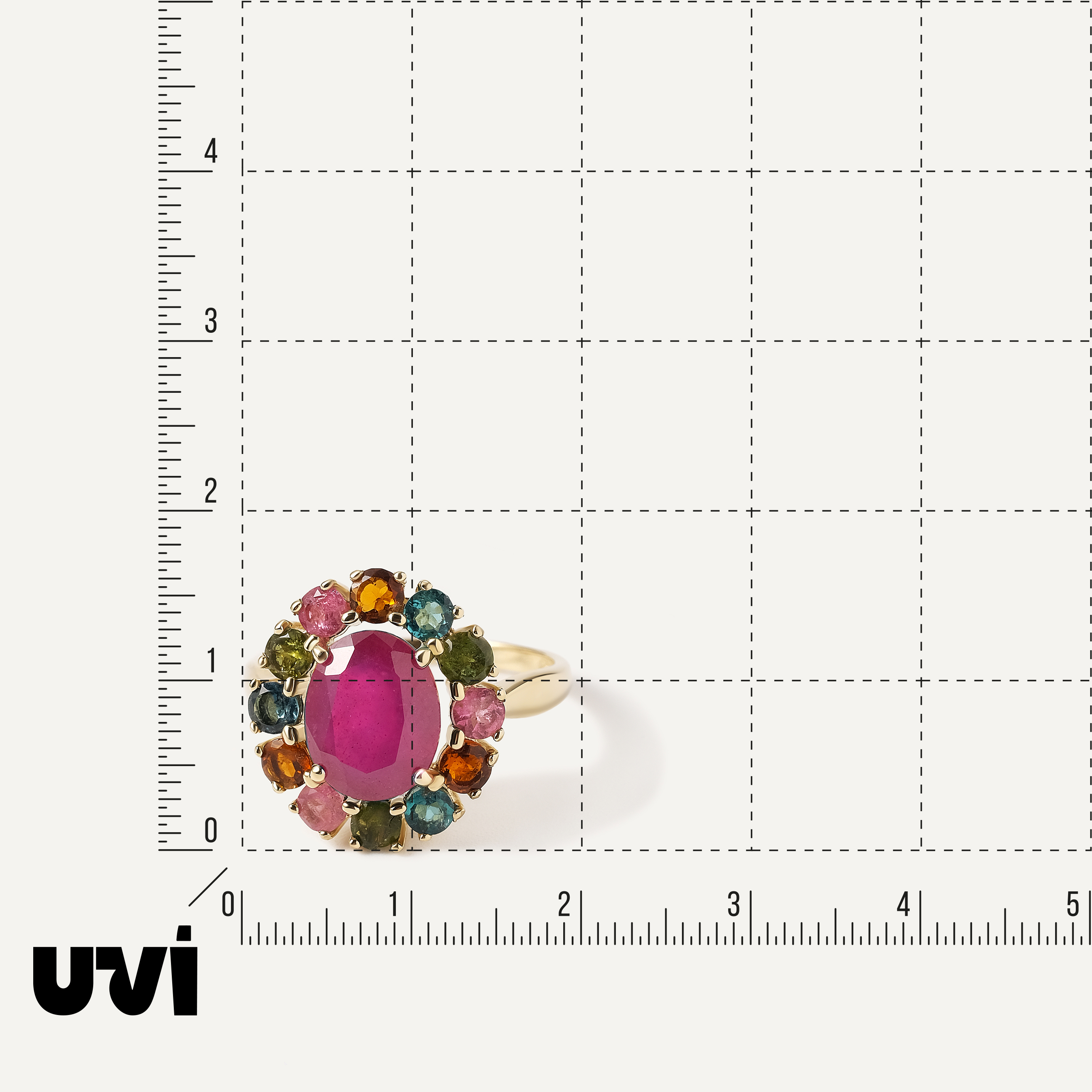 Кольцо из желтого золота с рубином и турмалинами