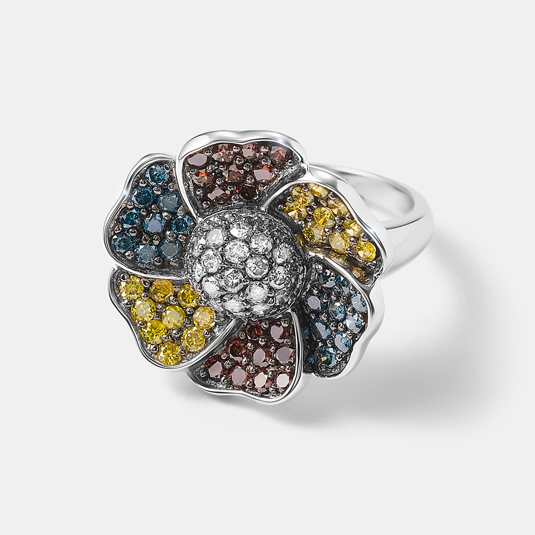 Кольцо из белого золота с цветными бриллиантами "Цветок"