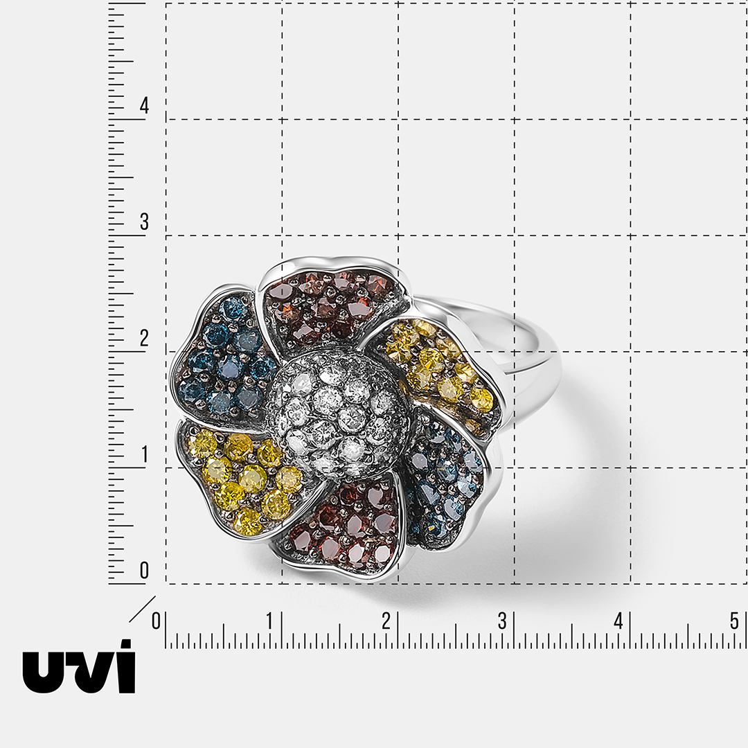 Кольцо из белого золота с цветными бриллиантами "Цветок"