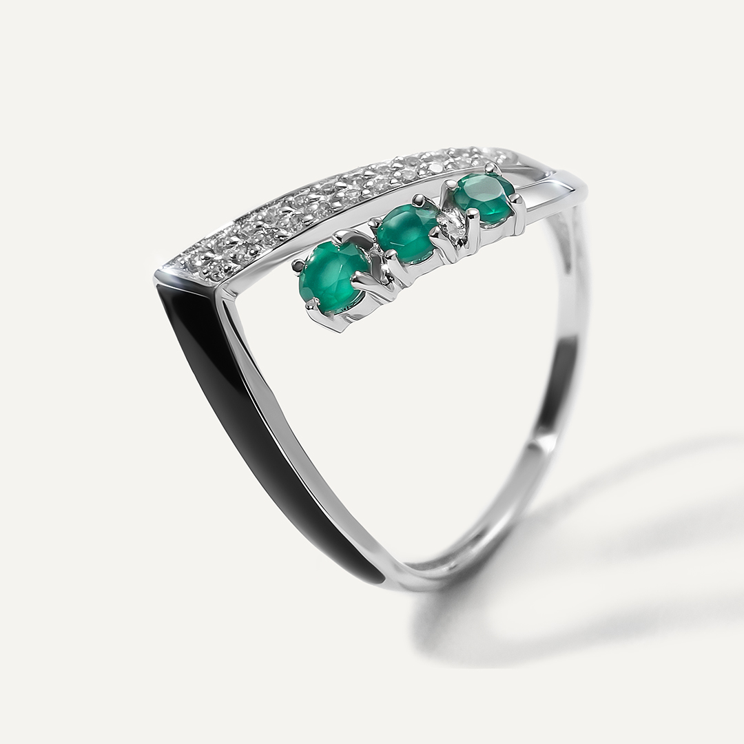 Кольцо из белого золота с агатами и эмалью