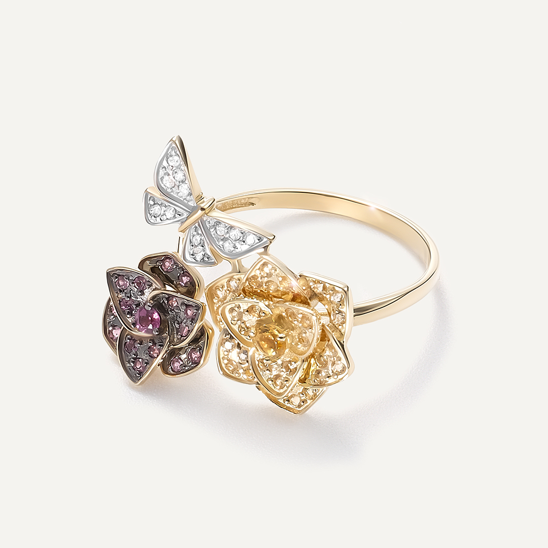 Кольцо из желтого золота с самоцветами "Цветы"