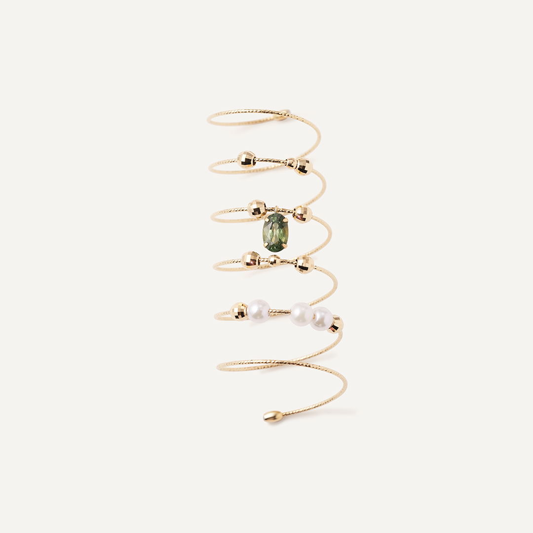 Кольцо из желтого золота с мультисапфиром и жемчугом Акойя "MARU"