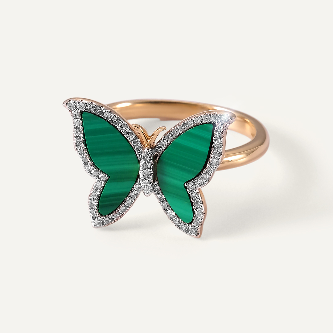 Кольцо из желтого золота с малахитами "Бабочка"