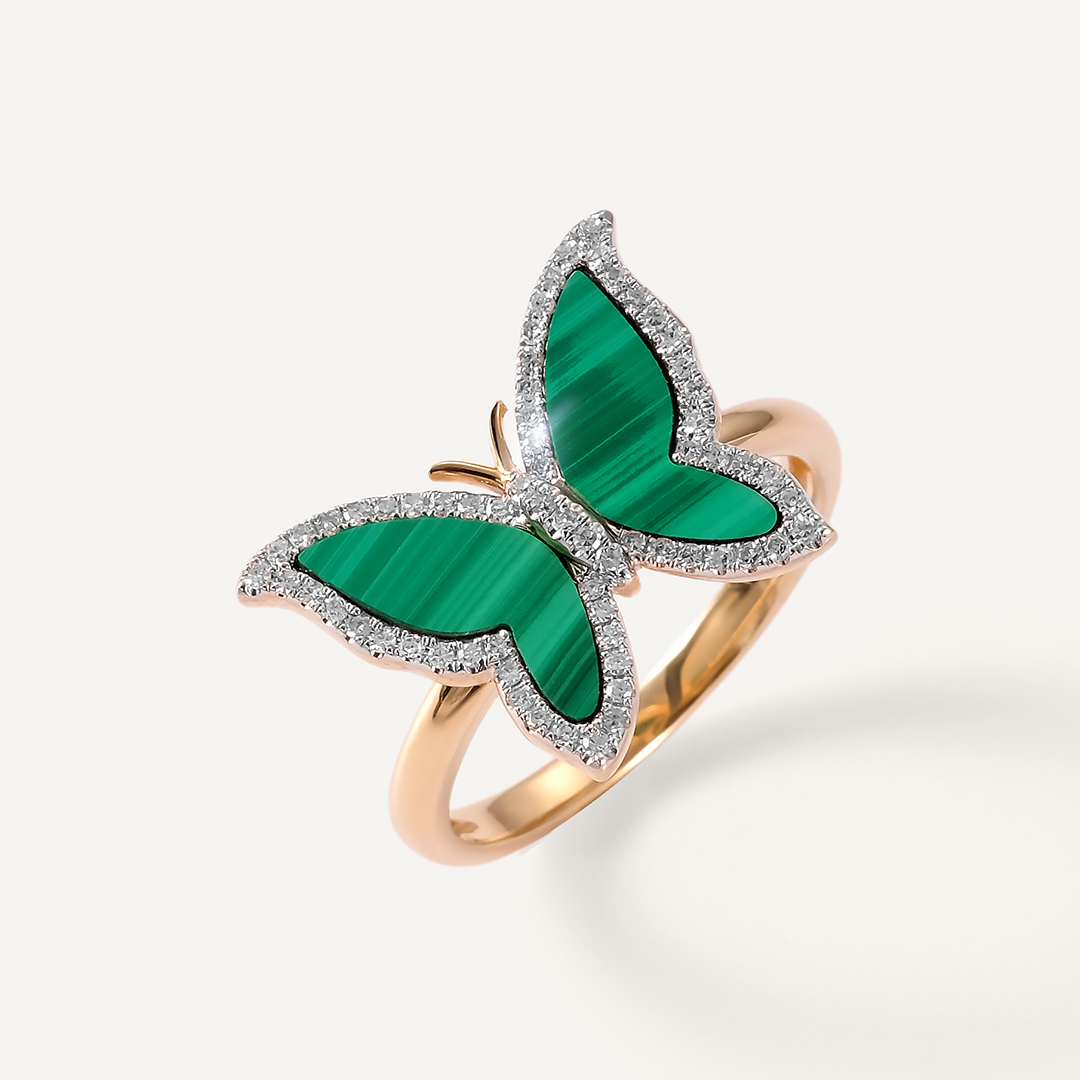 Кольцо из желтого золота с малахитами "Бабочка"