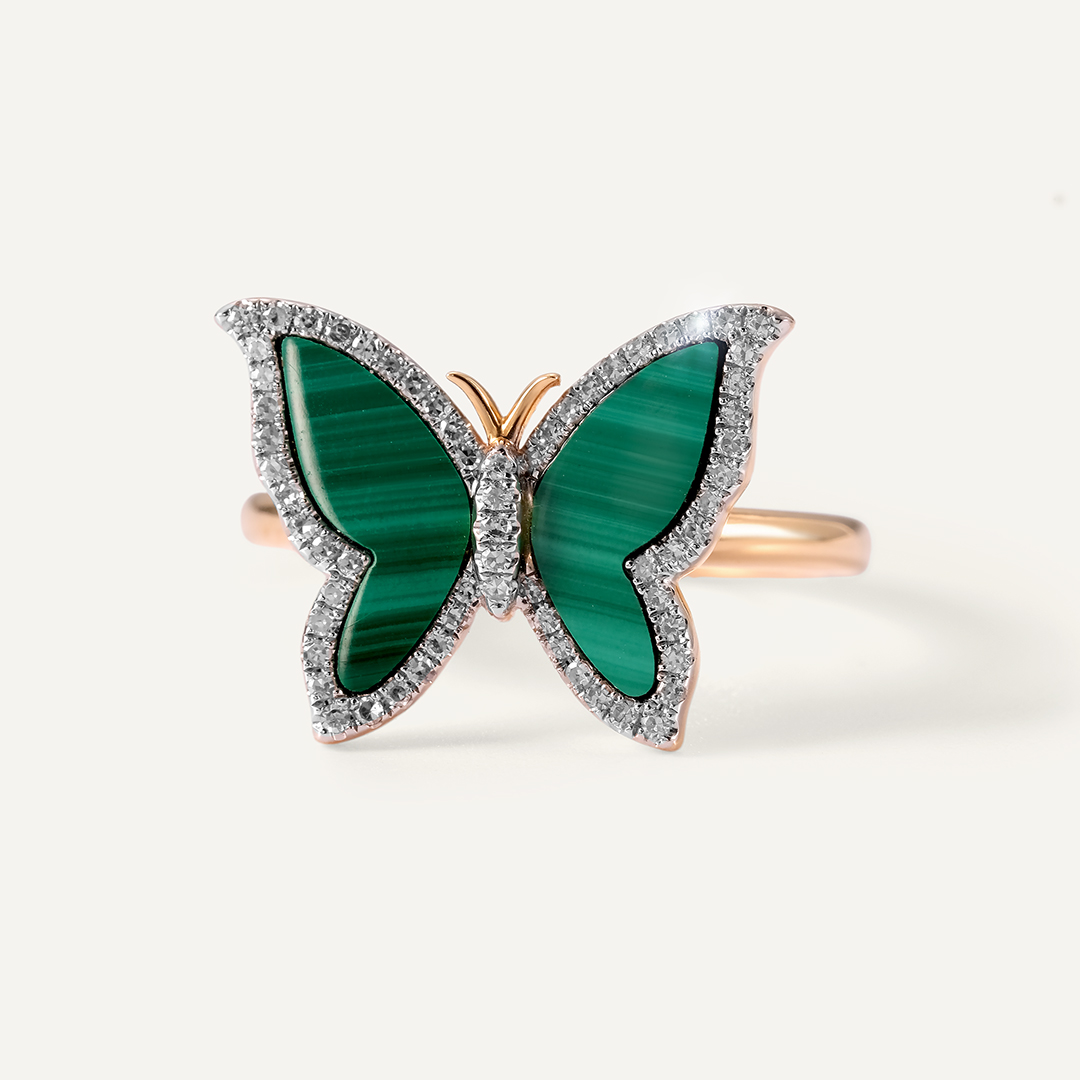 Кольцо из желтого золота с малахитами "Бабочка"