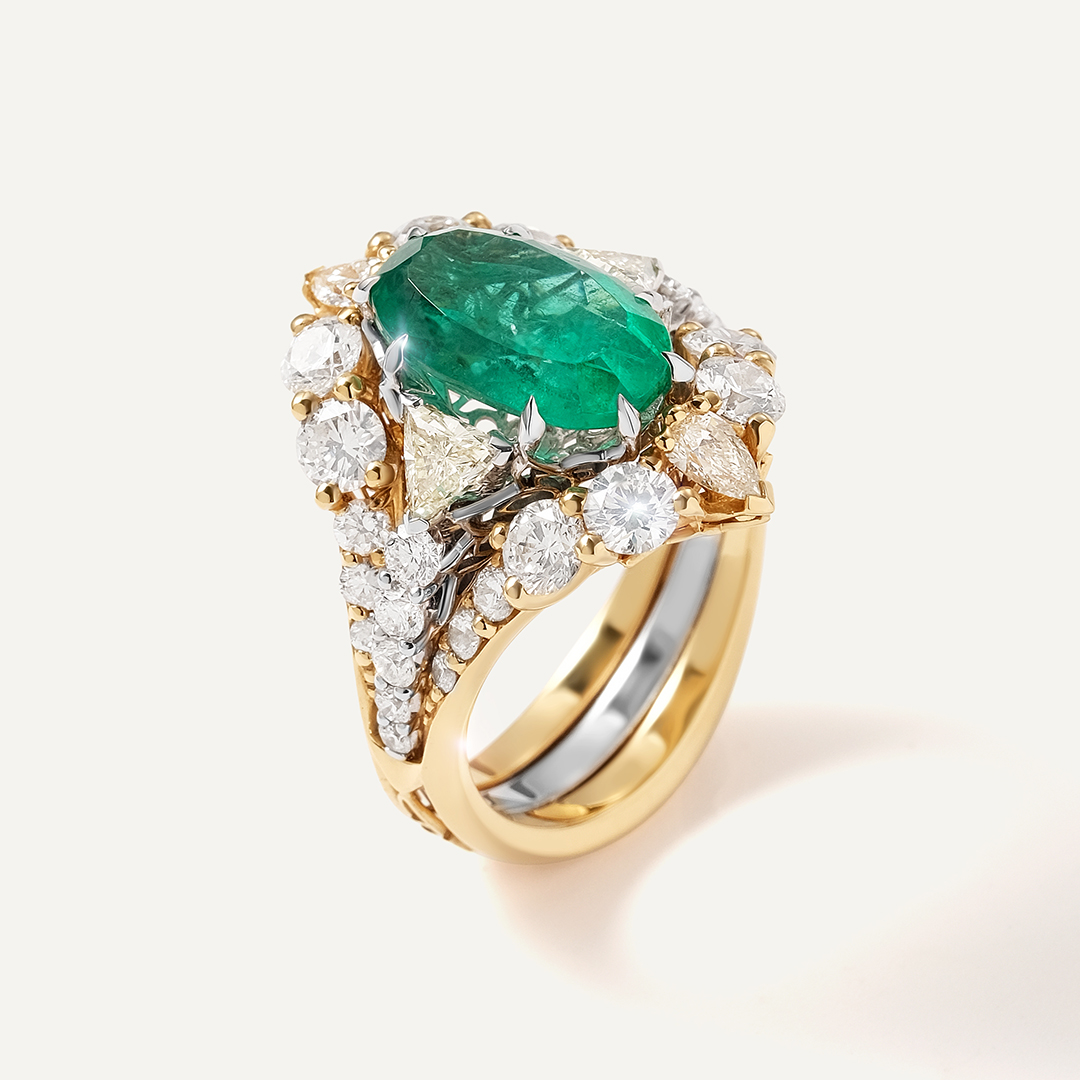 Кольцо-трансформер из золота с изумрудом и бриллиантами
