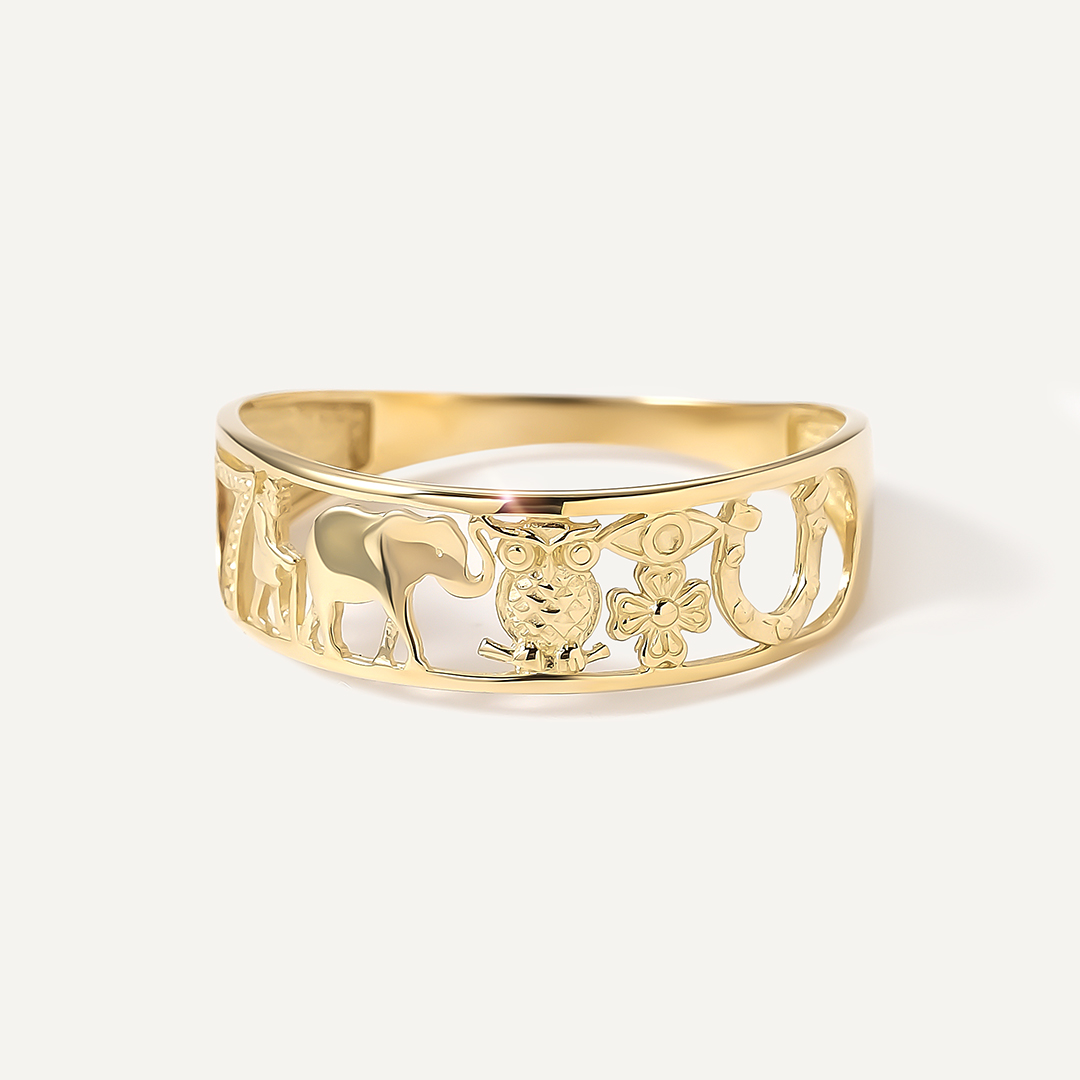 Кольцо из желтого золота "Символы счастья и удачи"